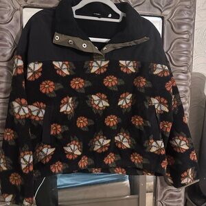 PacSun Black Sherpa Pullover Jacket with Orange Floral Print